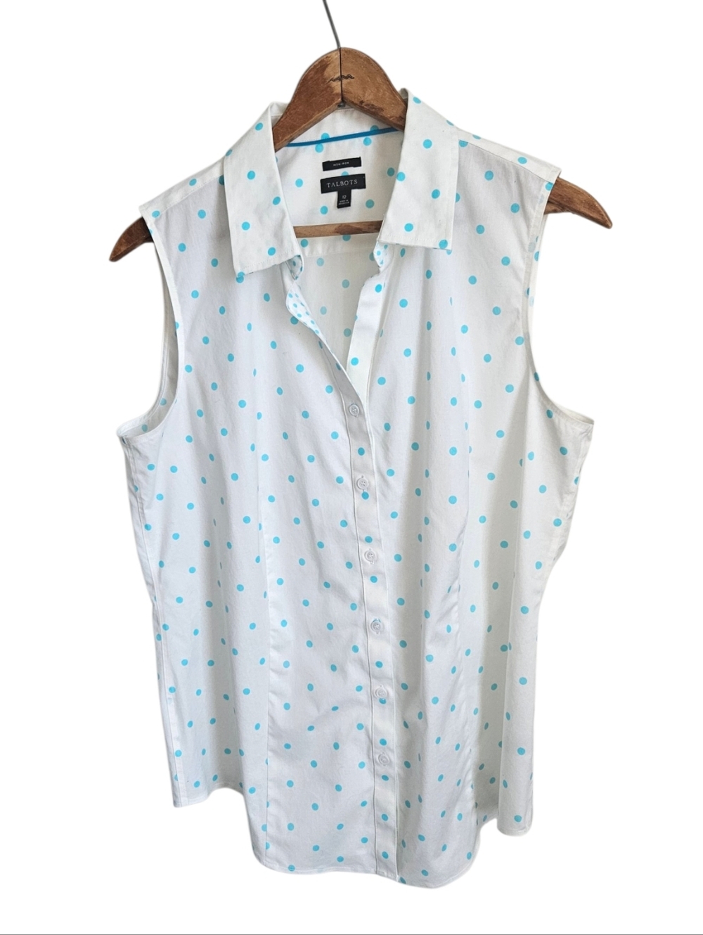 Talbots White Sleeveless Button-Up Top with Aqua Polka Dots, Size 12